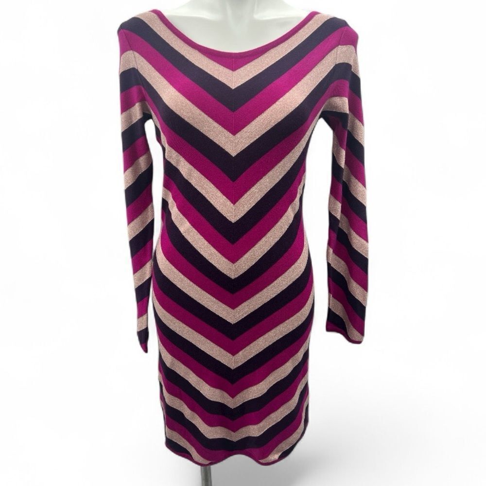 Express Chevron Long Sleeve Dress - Pink, Purple, and Cream